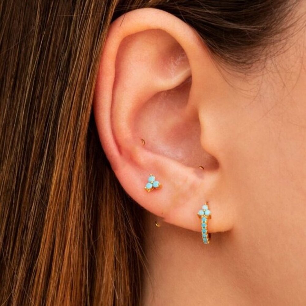 Turquoise Trio Stud Earrings December Birthstone Gold Cluster Dainty Studs - Picture 12 of 15